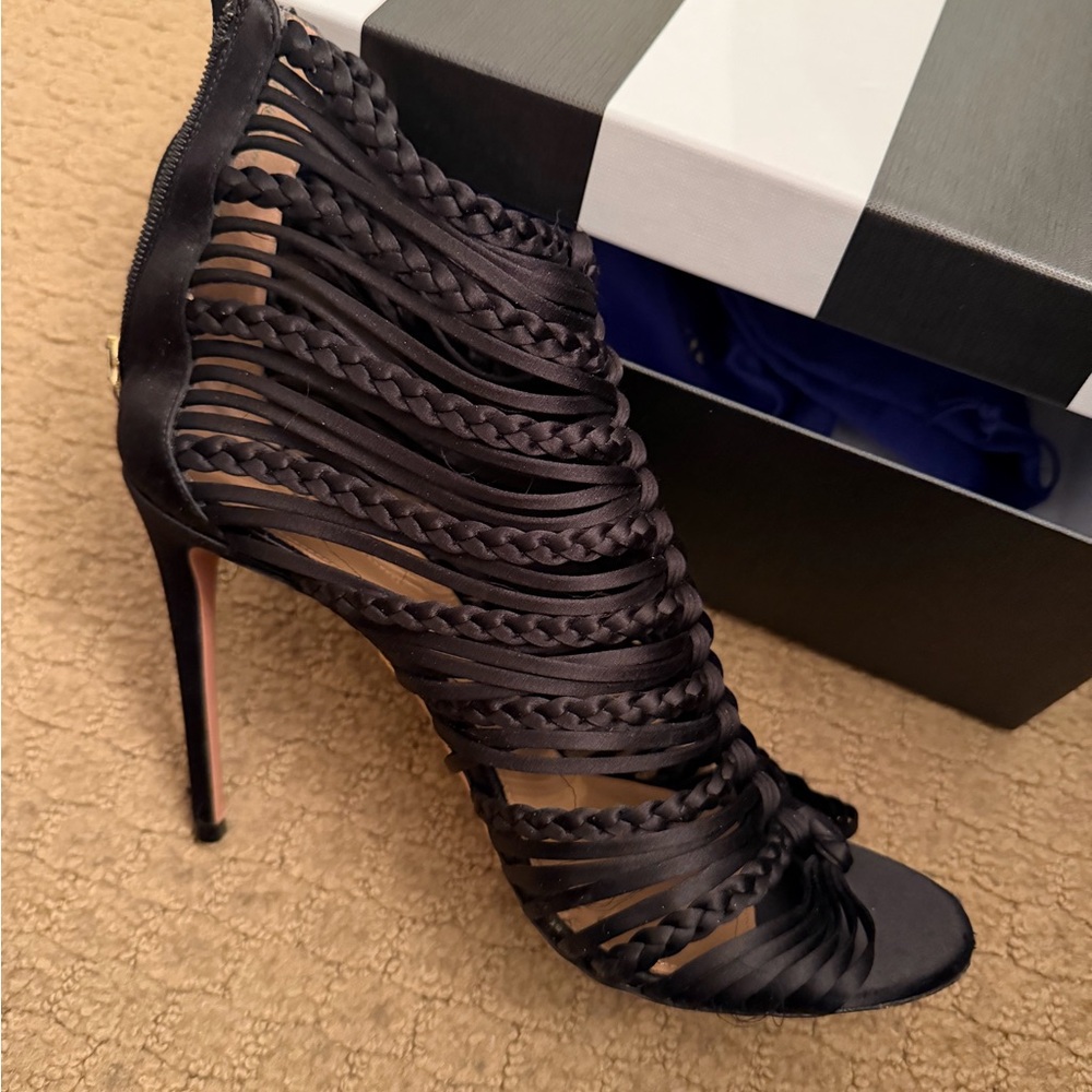Aquazzura Goddess Sandal Black Satin Stiletto Heels with Strappy Design